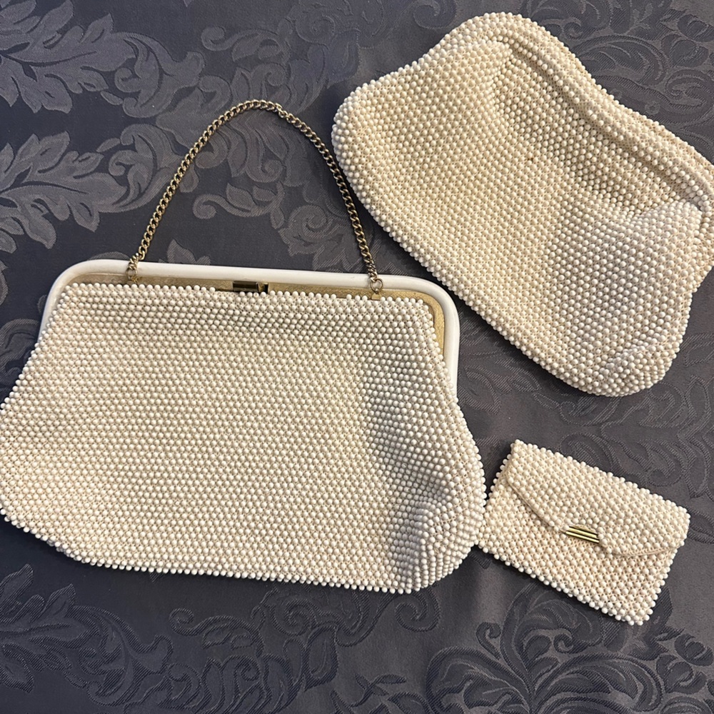 Vintage Lumured Corde Bead Clutch Purse Off White USA Made